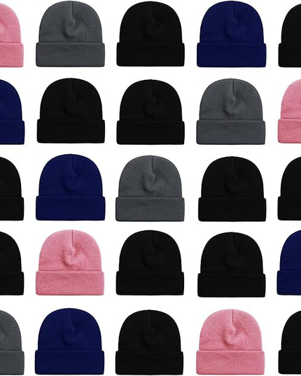 25 Pack Winter Beanie Hats, Unisex Thermal Toboggan Cold Weather Cuffed Caps Bulk Bundle