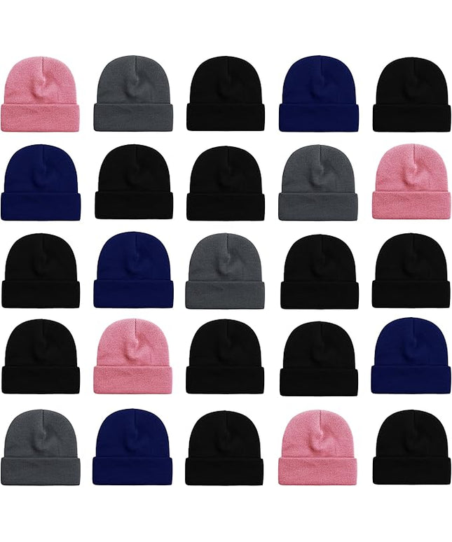25 Pack Winter Beanie Hats, Unisex Thermal Toboggan Cold Weather Cuffed Caps Bulk Bundle