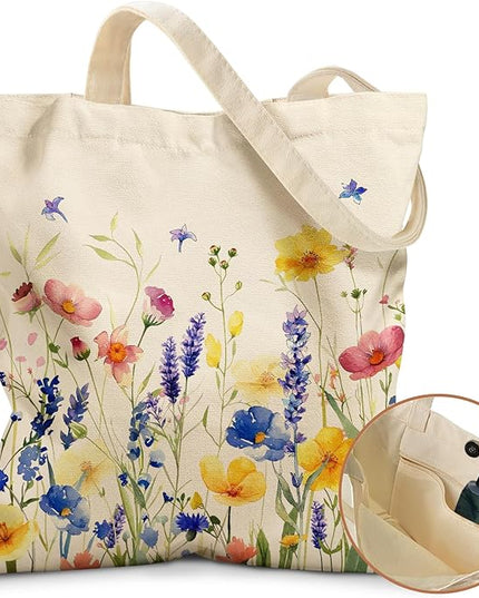 Aesthetic Tote Bag for Women- with Magnetic Buckle and Zipper Inner Pocket Cloth Cotton Canvas Tote Bags