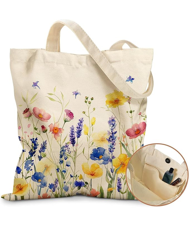 Aesthetic Tote Bag for Women- with Magnetic Buckle and Zipper Inner Pocket Cloth Cotton Canvas Tote Bags