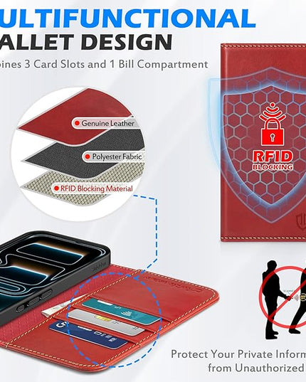 SHIELDON Genuine Leather Case Wallet for iPhone 17 Pro 6.3-inch 2025 | Book Design | Magnetic | Kickstand | RFID Blocking Credit Card Holder | Soft Shockproof Phone Cover | Retro Red