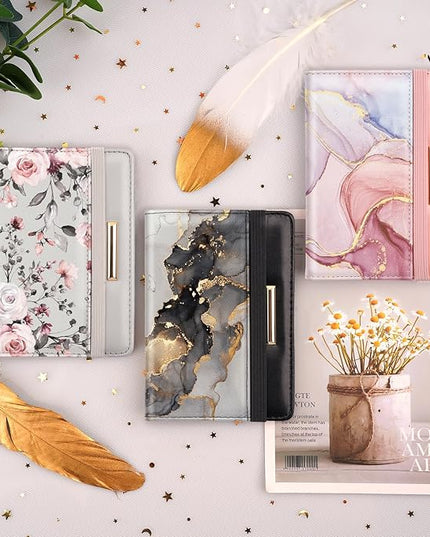 Passport Holder Cover Travel RFID Blocking Passport Cover Rose Gold Cute Flowers Passport Wallet with Elastic Band for Women