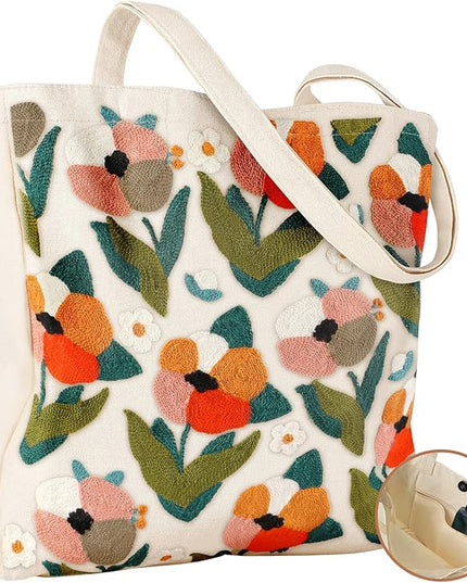 Embroidery Canvas Tote Bag for Women - Reusable Totes with Pocket & Buckle Aesthetic Cute Grocery Shoulder Bag
