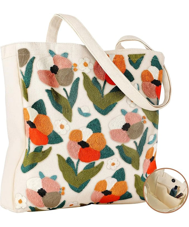 Embroidery Canvas Tote Bag for Women - Reusable Totes with Pocket & Buckle Aesthetic Cute Grocery Shoulder Bag