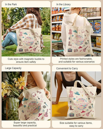 Aesthetic Tote Bag for Women- with Magnetic Buckle and Zipper Inner Pocket Cloth Cotton Canvas Tote Bags