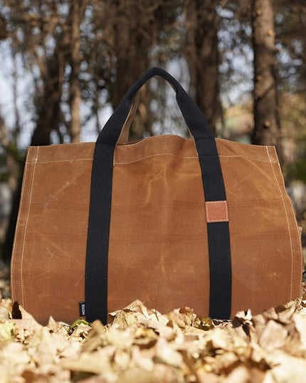 INNO STAGE Firewood Log Carrier Tote Bag with Super Strong Double Straps for Reinforce, 16oz Waxed Canvas Heavy Duty & Long Lasting for Wood Hay Hauling for Fireplace or Outdoor Camping-Rust Color