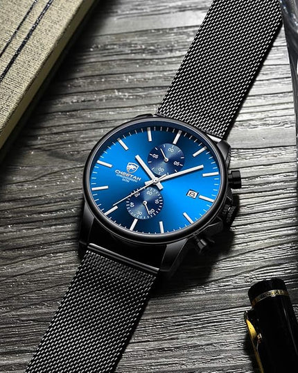 GOLDEN HOUR Mens Watch Fashion Sleek Minimalist Quartz Analog Mesh Stainless Steel Waterproof Chronograph Watches for Men with Auto Date
