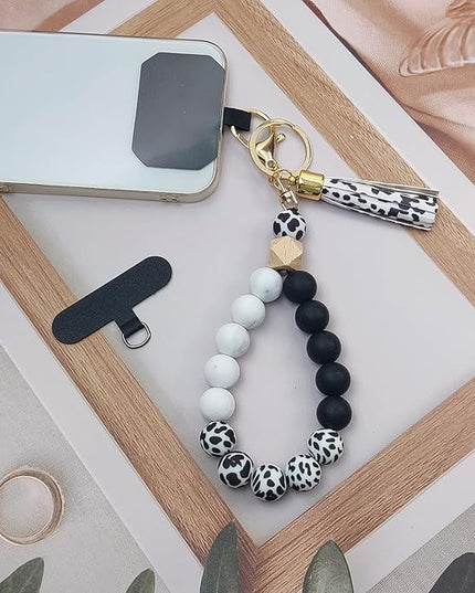 Phone Lanyard Silicone Beaded Phone Wrist Strap Cute Elastic Cell Phone Wristlet Chain Bracelet with 2 Tether Tab
