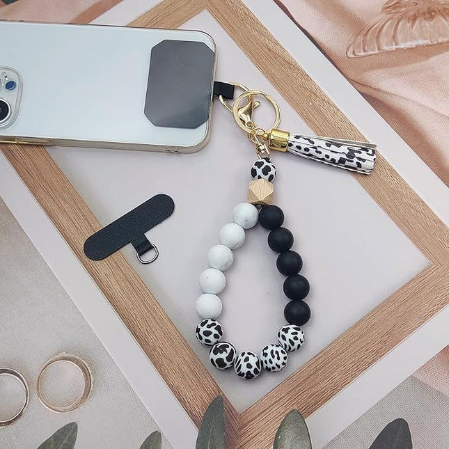 Phone Lanyard Silicone Beaded Phone Wrist Strap Cute Elastic Cell Phone Wristlet Chain Bracelet with 2 Tether Tab