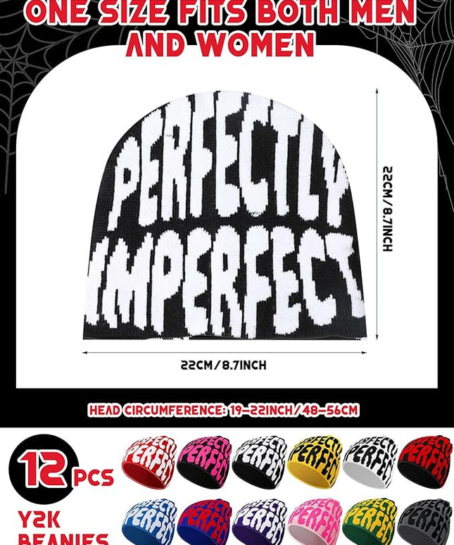 Toulite 12 Pieces Y2K Spider Web Beanie Gothic Graphic Beanies Outdoor Winter Warm Knitted Hat for Men Women