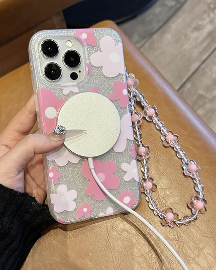 Compatible with iPhone 14 Cases Cute Bling Sparkly Floral Phone case,Flower with Wrist Strap Design, Compatible MagSafe Silicone Shockproof Phone case for Women and Teenage Girls.
