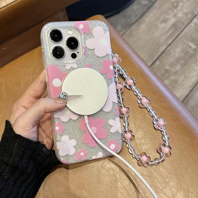 Compatible with iPhone 15 Pro Max Cases Cute Bling Sparkly Floral Phone case,Flower with Wrist Strap Design, Compatible MagSafe Silicone Shockproof Phone case for Women and Teenage Girls.