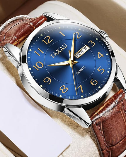 Men Dress Watch Waterproof Leather Watches for Men with Day Date Luxury Large Arabic Numerals Analog Quartz Classic Leather Watch Easy Read relojes para Hombres