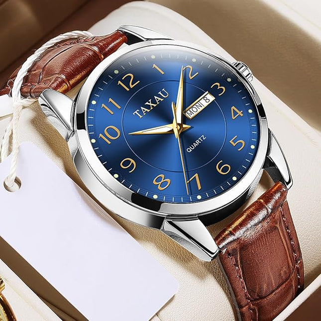 Men Dress Watch Waterproof Leather Watches for Men with Day Date Luxury Large Arabic Numerals Analog Quartz Classic Leather Watch Easy Read relojes para Hombres