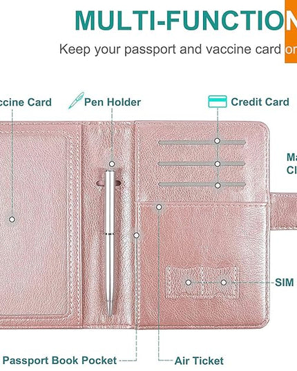 RSAquar Passport and Vaccine Card Holder Combo, Passport Holder Cover Wallet, Leather Card Case Travel Accessories with RFID Blocking for Women and Men, Rose Gold