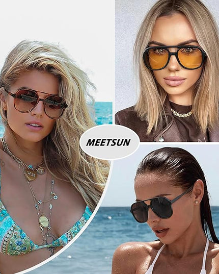 MEETSUN Retro Oversized Aviator Sunglasses for Women Men Trendy 70s 80s Vintage Square Aviators 3 Pack UV400