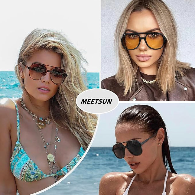 MEETSUN Retro Oversized Aviator Sunglasses for Women Men Trendy 70s 80s Vintage Square Aviators 3 Pack UV400