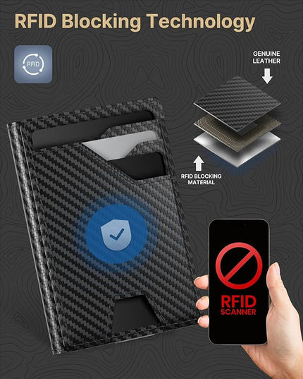 typecase Leather Wallet for Men Card Holder: Premium Genuine Leather, RFID Blocking, Slim, Minimalist, Front Pocket - 15 Cards Capacity | ID Window | Money Clip (Carbon Fiber)
