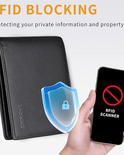 LATKWO Mens Wallet - Genuine Leather Bifold RFID Blocking Slim Front Pocket Large Capacity with 10 Card Slots, 2 ID Windows & 2 Cash Pockets - Heavy Duty Stitched Gift for Men (Black)