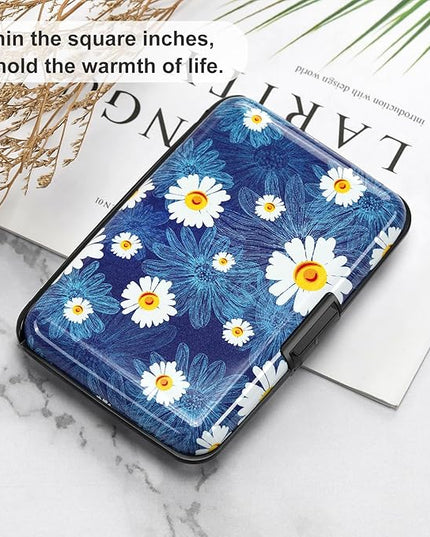 ELFISH Mini RFID Aluminum Wallet Credit Cards Holder Business Card Case Metal ID Case for Men Women(White Flower)