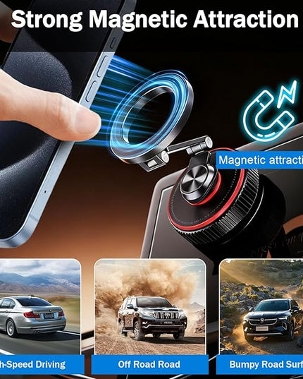 Magnetic Car Phone Mount, 120+ LB Vacuum Suction & 3000gf Magnetic Force, 360° Triple-Axis Adjustable Car Holder for iPhone & All Phones, Twist-Lock Suction Cup, Quick-Release – Black
