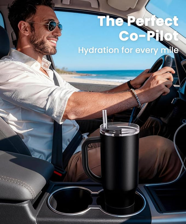 Renoj Tumbler with Handle 100% Spill Resistant Insulated Water Bottle for Iced Coffee & Hot Drinks - Fits Car Cup Holder, Ideal Gift, 2 Straws & Silicone Boot BPA-Free - FlexSlide Black 40 oz
