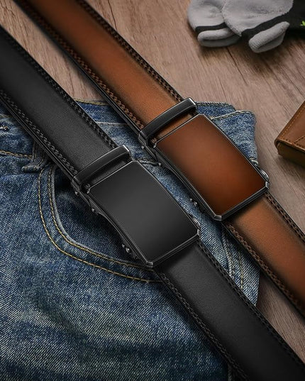 KEMISANT Men Belt 2 Pack, Leather Ratchet Belt Easy Click Slide For Men 1 3/8",Cut for Fit