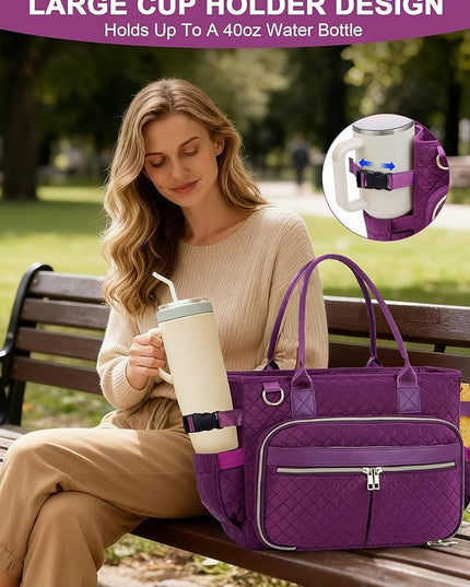 FIORETTO Teacher Tote Bag for Women with Laptop Compartment, Large Cup Holder, Zip Closure, Ideal for Work, Bible, Nurse