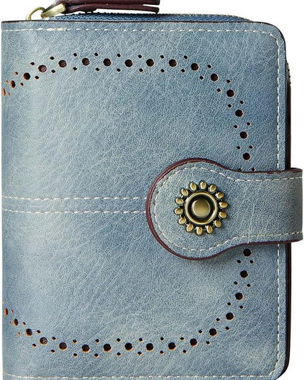 TFKGS Small Womens Wallet Leather RFID Blocking Bifold Compact Card Holder Ladies Zipper Accordion Pocket with ID Window Blue