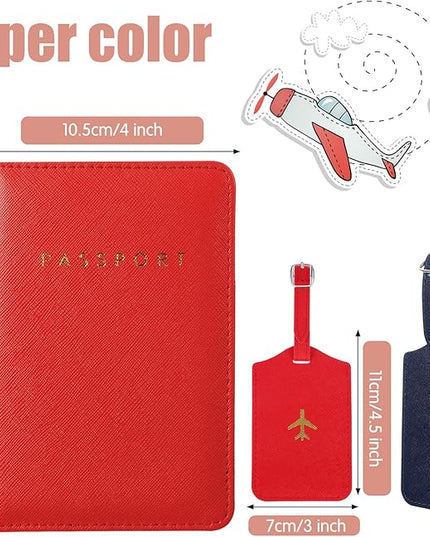 2 Pieces Passport Covers and 2 Pieces Luggage Tags, Passport Holder Travel Suitcase Tag (Red, Blue)