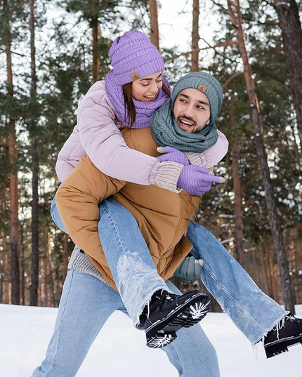 Winter Beanie Hat Scarf Gloves, Warm Fleece Knit Hats Touch Screen Gloves Neck Scarf Set Winter Gifts for Unisex Adult