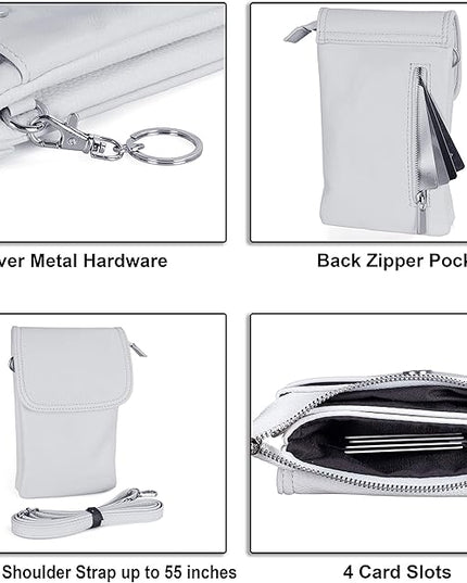 befen Genuine Leather Small Crossbody Bags for Women Cell Phone Bag Cross Body Purses,Silver Zipper