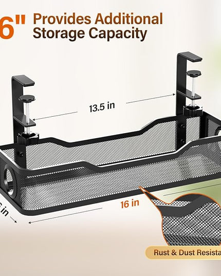 [Upgraded] 2 Pack Under Desk Cable Management Tray, Cinati Cord Organizers for Table Thickness up to 3", 16" Wire Organization with Clamp No Drill, Cable Management Box for Office - No Damage to Desk