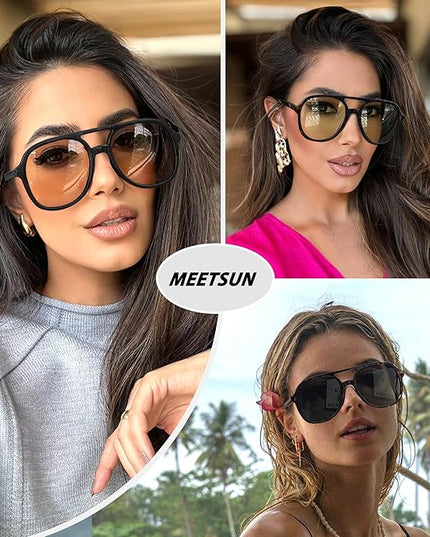 MEETSUN Retro Oversized Aviator Sunglasses for Women Men Trendy 70s 80s Vintage Square Aviators 3 Pack UV400