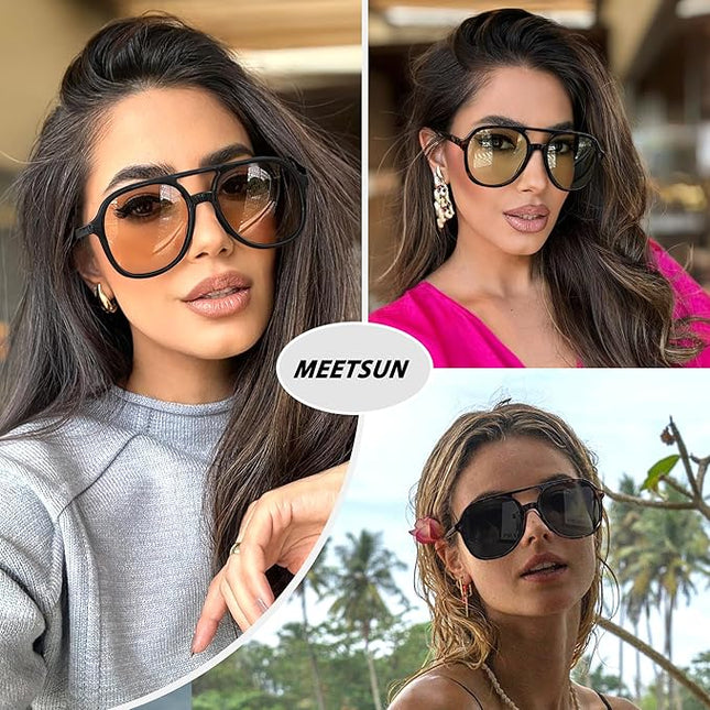 MEETSUN Retro Oversized Aviator Sunglasses for Women Men Trendy 70s 80s Vintage Square Aviators 3 Pack UV400