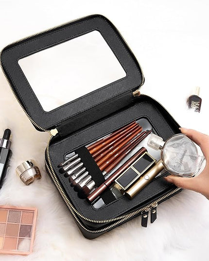 Aveniee Clear Makeup Bags,Double Layer Cosmetic Bags with Separate Brush Compartment,Large Travel Toiletry Bag Cosmetic Case,Travel Accessories Organizer for Women,2 Layers,Black