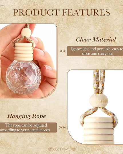 BBTO 50 Pcs Hanging Car Air Freshener Car Diffuser Bottles Empty Glass Perfume Bottle Freshener Diffuser Bottle Pendant for Essential Oil Fragrance Aromatherapy Bottle Ornament(Round Diamond)