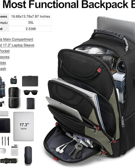 Boavan Laptop Backpack for men, 17.3 inch Laptop Bag with USB Port, Waterproof Travel Work Backpack Purse, Anti-Theft Teacher Nurse Doctor Casual Bookbags Office Business backpack，Black&Army Green