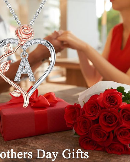Iefil Christmas Gifts for Women Wife - 925 Sterling Silver Rose Heart Initial Necklace, Anniversary Birthday Gifts for Women, Jewelry Gift for Her Wife Girlfriend Mom Daughter