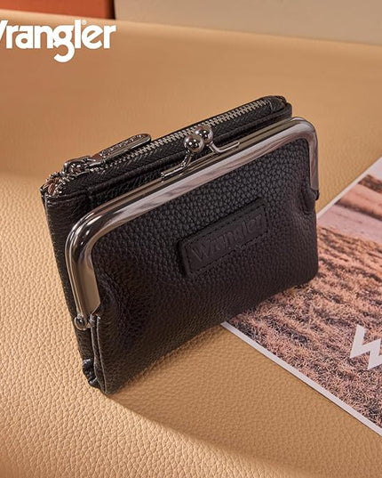 Montana West Wrangler Women's Wallet RFID Blocking Wallets Small Bifold Credit Card Holder with Kiss Clasp Black