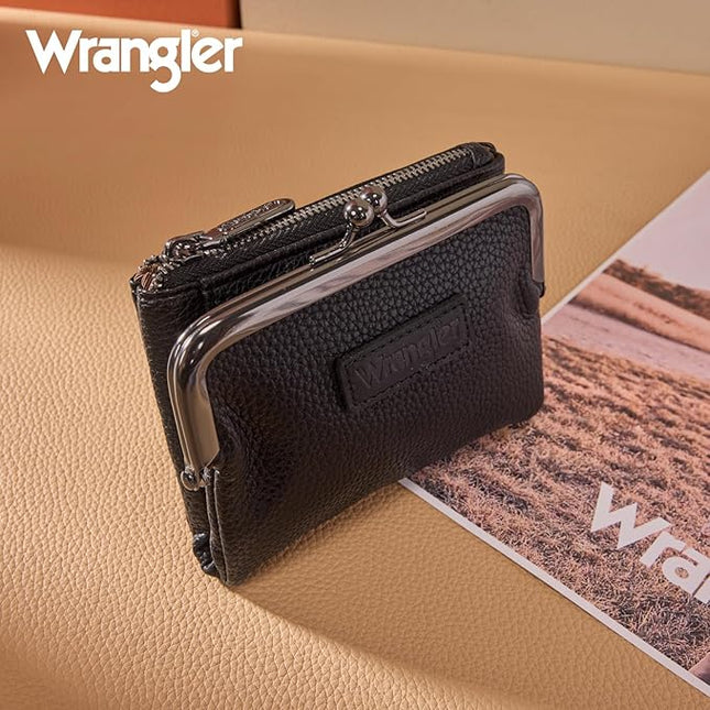Montana West Wrangler Women's Wallet RFID Blocking Wallets Small Bifold Credit Card Holder with Kiss Clasp Black