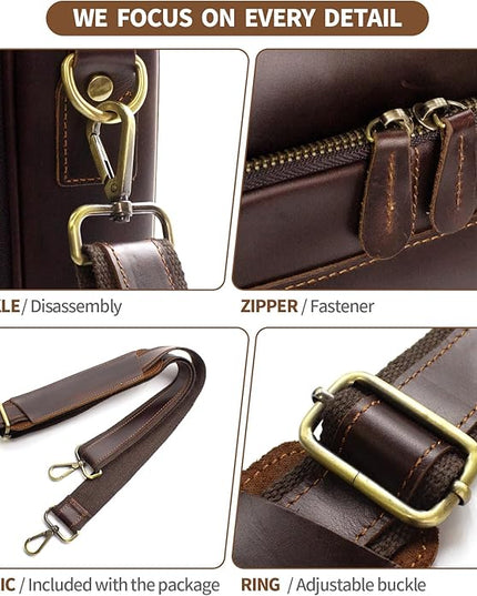 Jack&Chris Full Grain Leather Briefcase for Men, Business Messenger Bag Laptop Bag Attache Case, Fits 15.6 Inch Laptop