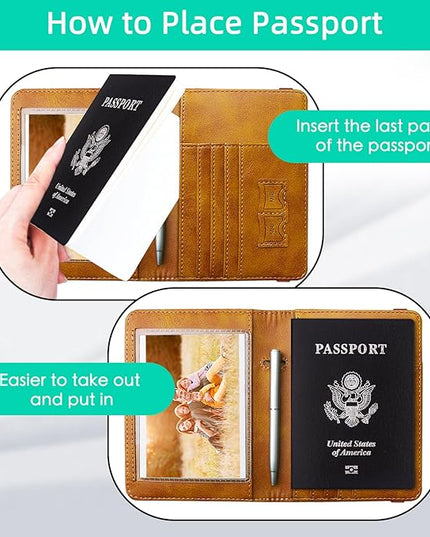WALNEW Passport Holder for Travel, RFID Passport Cover Wallet for Women Men, PU Leather Passport Book Card Holder Case with Pen (Upgraded, Upgraded-Brown)