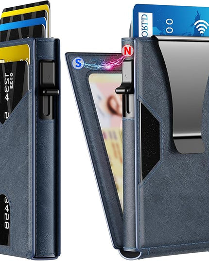 KISUEDZP Wallet for Men Slim RFID Blocking-Metal Smart Pop-Up Credit Card Holder with 2 ID Windows, Holds 8-10 Cards,Bifold Compact Minimalist Front Pocket Wallet & Money Clip,Men's accessories (Blue)