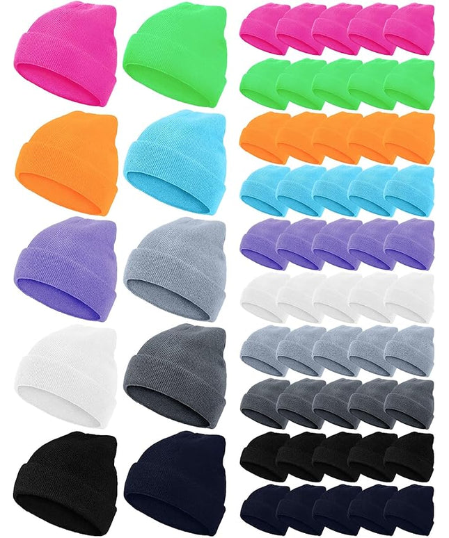 Jecery 50 Pack Winter Beanies Hats Bulk for Homeless Unisex Cold Weather Stretch Caps Warm Knitted Cuffed Hats for Women Men