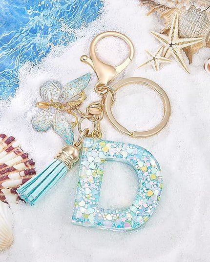 Fashion Alphabet Initial Letter Keychain Tassel Butterfly Pendant Key Ring for Purse Handbags Women Girl