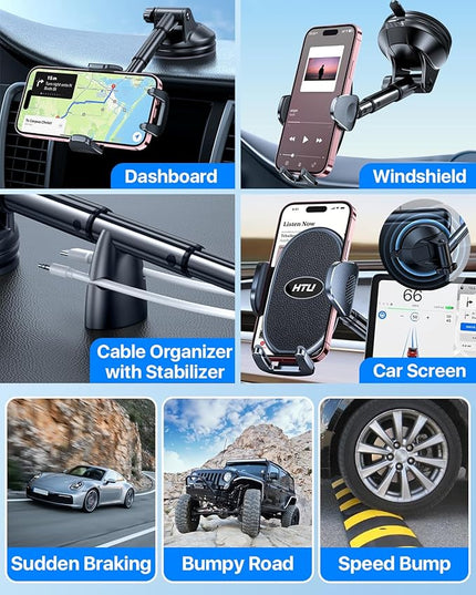 HTU 【Military-Grade Suction】 Cell Phone Holder for Car【Flexible Telescopic Arm】 Car Phone Mount Stand for Dashboard Windshield for iPhone 17 16 Pro Max 15 14 13 12 Samsung Truck Jeep, Black