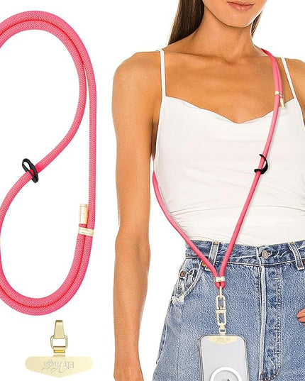 Adjustable Anti-Theft Phone Lanyard - 8mm Mountain Climbing Rope Neck & Crossbody Strap with Secure Locking Metal Clip - Rugged Outdoor Design for Smartphones (Rose Red)
