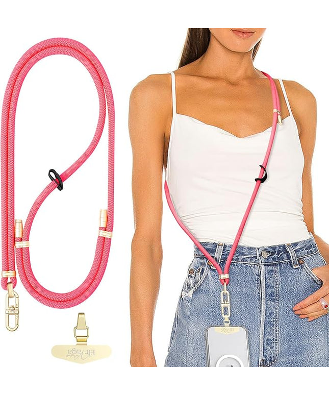 Adjustable Anti-Theft Phone Lanyard - 8mm Mountain Climbing Rope Neck & Crossbody Strap with Secure Locking Metal Clip - Rugged Outdoor Design for Smartphones (Rose Red)