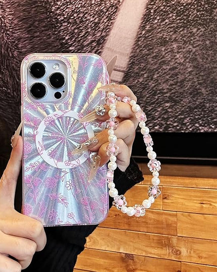 Compatible with iPhone 15 Pro Cases,Cute Flower Phone case with Floral Pearl Chain,Compatible MagSafe Silicone Shockproof Phone case for Women and Teenage Girls.